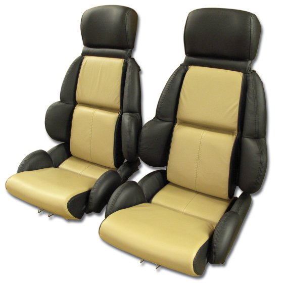 1989-1992 C4 Corvette Mounted 100% Leather Standard Seat Covers - Black /Beige 2-Tone