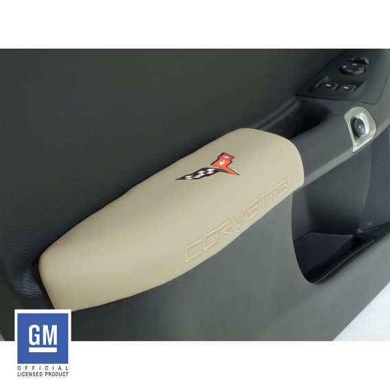 C6 Corvette Leather Armrest Pads in Cashmere with Logo