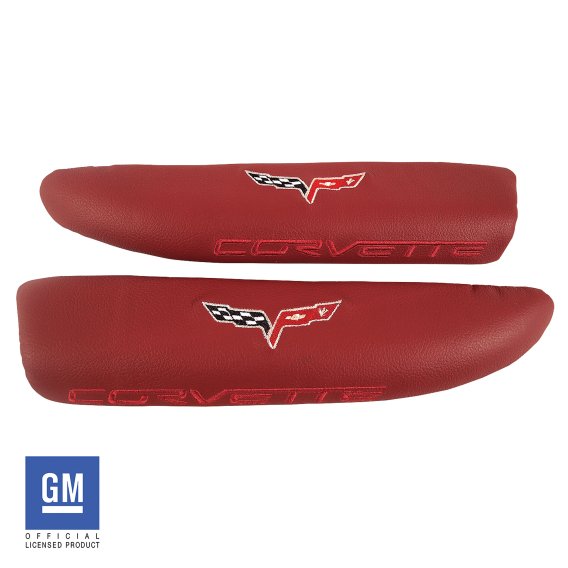 C6 Corvette Leather Armrest Pads in Cobalt Red with Logo