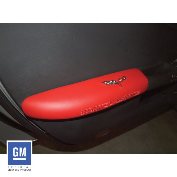 C6 Corvette Leather Armrest Pads in Cobalt Red with Logo