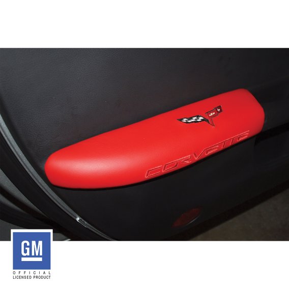 C6 Corvette Leather Armrest Pads in Cobalt Red with Logo