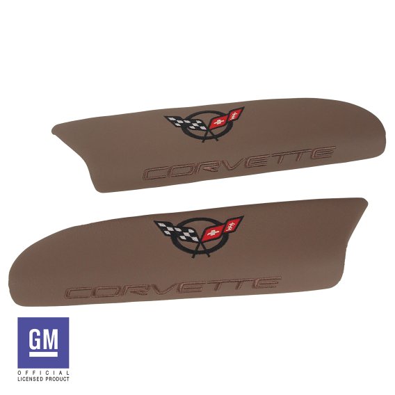 C5 Corvette Leather Armrest Pads with C5 Flag Logo in Parchment Finish