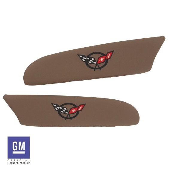 C5 Corvette Leather Armrest Pads with C5 Flag Logo in Parchment Finish