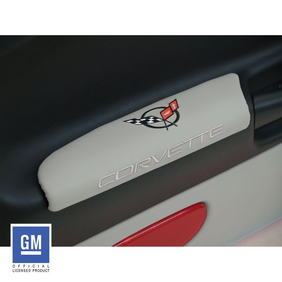 C5 Corvette Leather Armrest Pads with C5 Flag Logo in Gray Finish