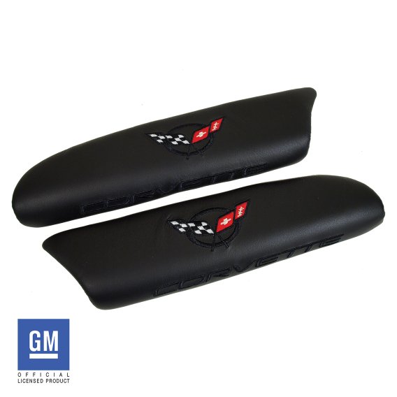 C5 Corvette Leather Armrest Pads with C5 Flag Logo in Black Finish