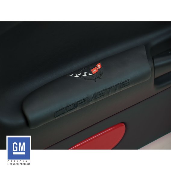 C5 Corvette Leather Armrest Pads with C5 Flag Logo in Black Finish