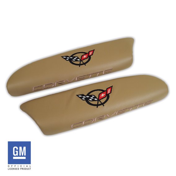 C5 Corvette Leather Armrest Pads with C5 Flag Logo in Light Oak Finish