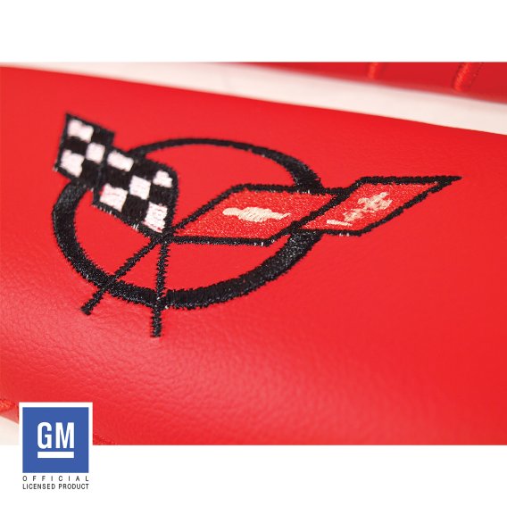 C5 Corvette Leather Armrest Pads with C5 Flag Logo in Torch Red Finish