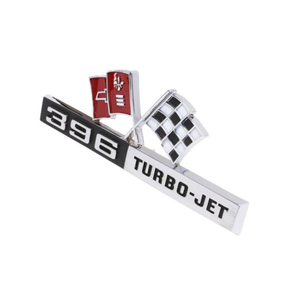 1965 Corvette Front Fender Emblem, "396 Turbo Jet", Dark Red, Sold as a Pair