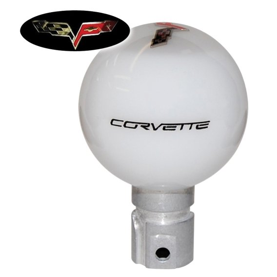 2005-2013 C6 Corvette White Shift Knob W/C6 Crossed Flags & Black Corvette Script