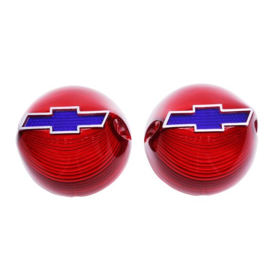 1956 Full-Size Chevrolet Red Tail Light Lens with Blue Bowtie Chrome Trim Pair