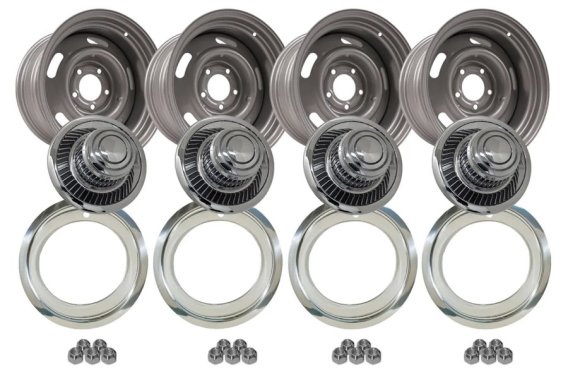 1969-1982 C3 Chevrolet Corvette 15"x8" Rally Wheel Set with Replacement Hubcaps & Stainless Steel...